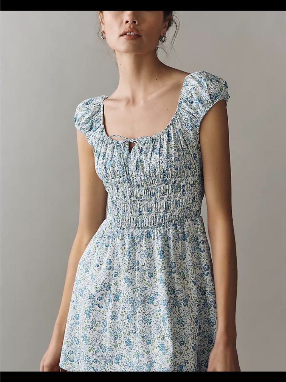 Smocked Cap-Sleeve Floral in Light Blue Mini Dress